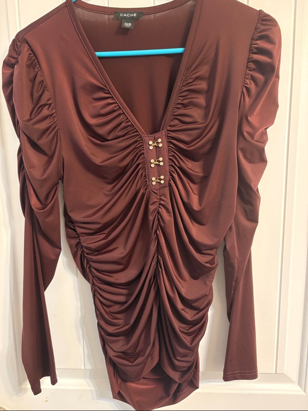 Cache Satin-Look Ruched Bodysuit in Deep Brown